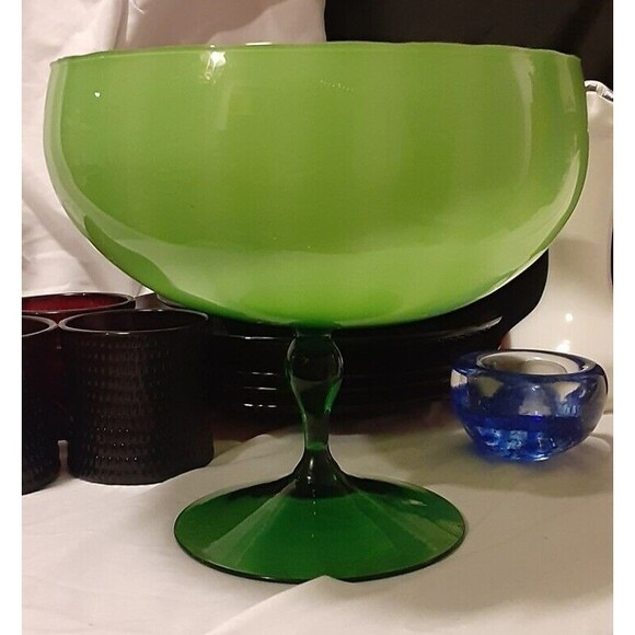 Vintage Mid-Century Empoli Green Cased Glass Stemmed Bowl 9": SEE PHOTOS - Picture 2 of 6